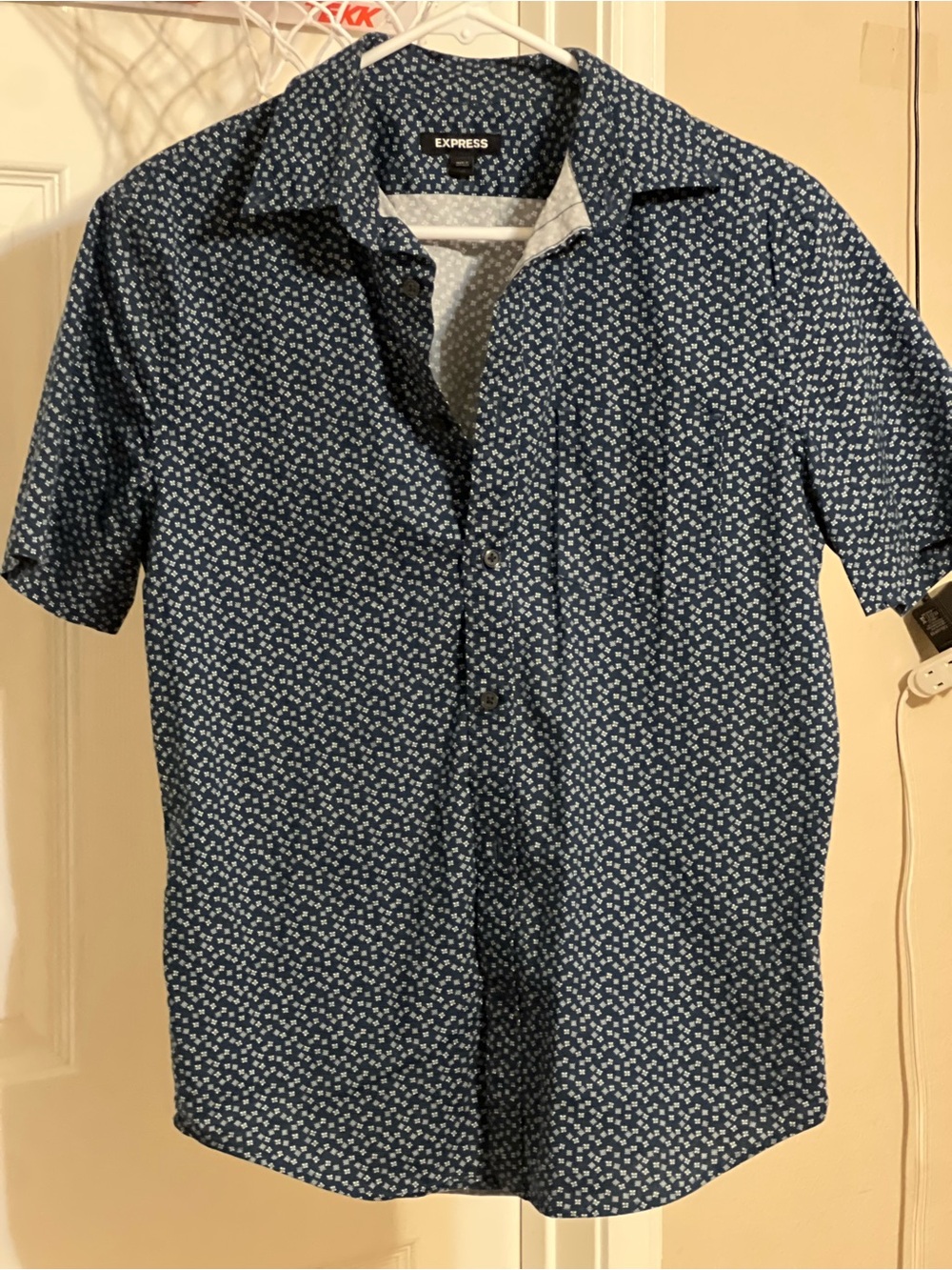 Express Men's Navy Blue Short Sleeve Button-Up Shirt